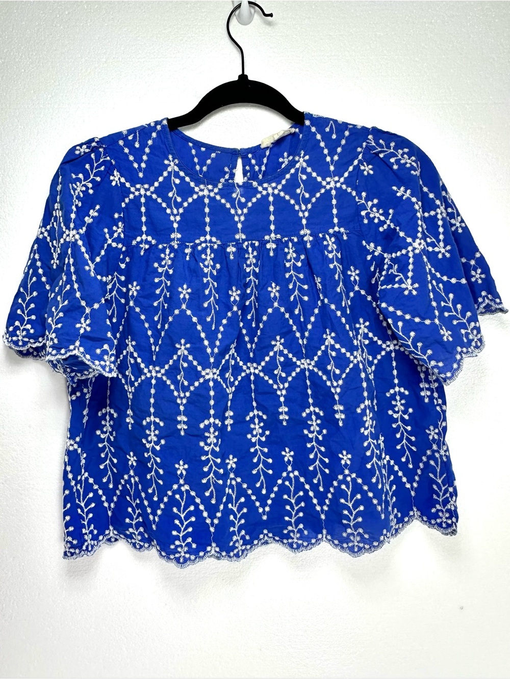 Rebellion Carolina Blue Scalloped Puff Sleeve with White Floral Embroidery L
